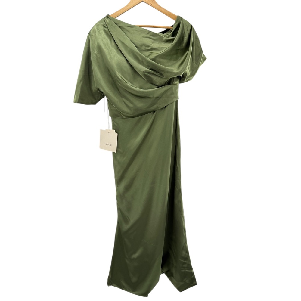 LanTing Bride TS‎ Couture Olive Green Satin Draped One Shoulder Gown NWT Small